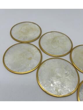 Vtg Set of 6 Capiz Shell Coasters Nautical Coastal Hollywood Regency Decor 3”